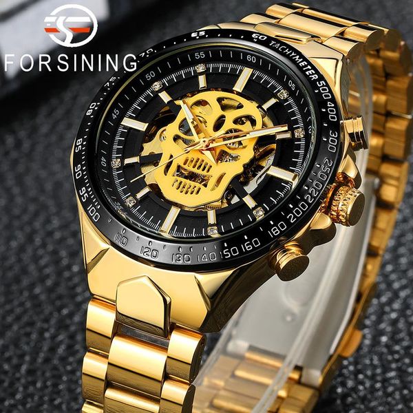 

wristwatches forsining automatic mechanical men wristwatch military sport male clock skull skeleton dail man watch gift 817, Slivery;brown