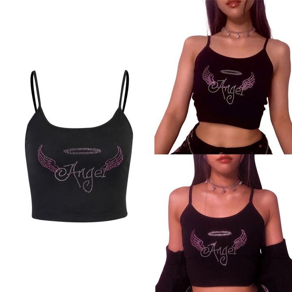 

women's tanks & camis crop cami , sleeveless spaghetti strap rhinestone angel letter pattern camisole, White