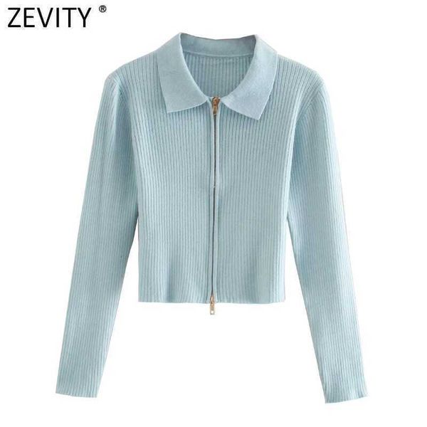 

zevity women fashion solid turn down collar double slider zipper knitting sweater femme long sleeve chic cardigan coat s486 210603, White;black