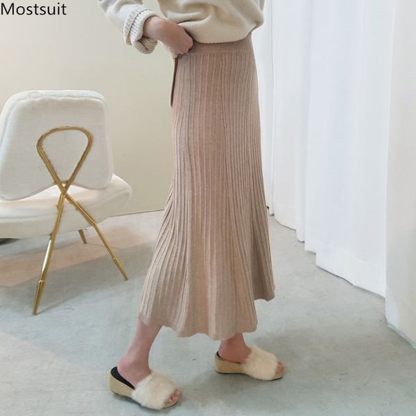 

winter women long knitted skirt vintage elegant high waist solid a-line skirts korean black beige faldas mujer moda 210518