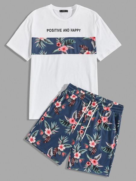 

men slogan and tropical print & shorts set q6rt#, Gray