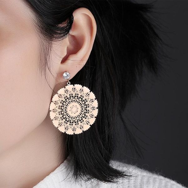 

fashion statement big disc earrings stainless steel rose gold filled hollow geometric woman dangle & chandelier, Silver
