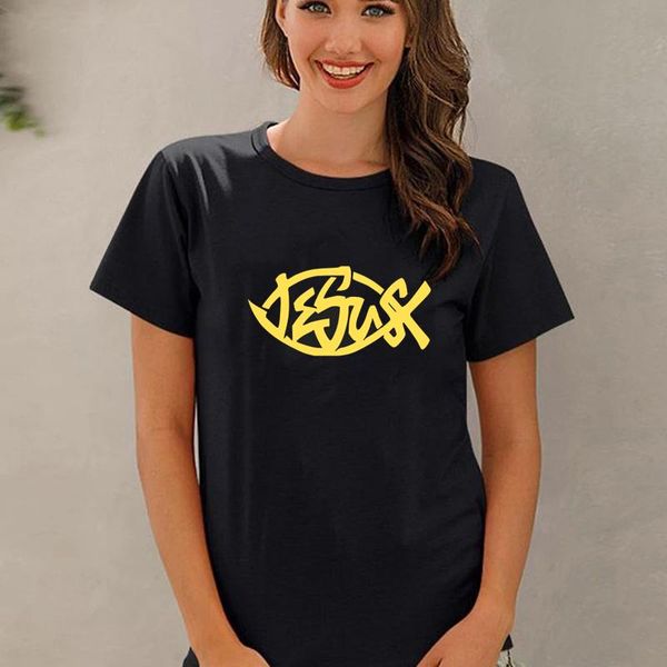 

women's t-shirt summer jesus fish short sleeve women t shirt funny graphic printed tee cotton loose fashion black white