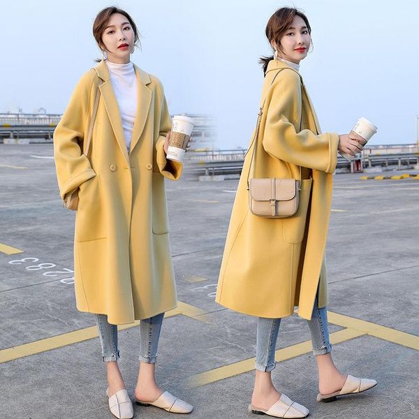 

women's wool & blends yellow double faced cashmere overcoat for autumn and winter in 2021, Black