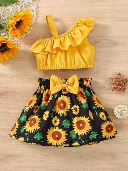 

baby asymmetrical neck ruffle trim & floral print bow front skirt she, White