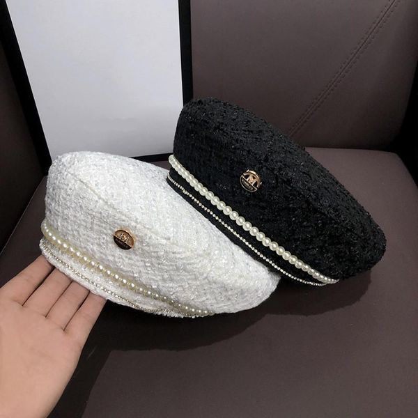 

berets luxury pearl beret retro elegant casual self-cultivation fashion rhinestone letter octagonal hat for ladies winter autumn, Blue;gray