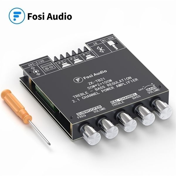 Fosi Audio TB21 Carte d'amplificateur de puissance sonore Bluetooth Mini module d'ampli numérique sans fil 2.1 canaux 50W x2 100W Subwoofer 211011