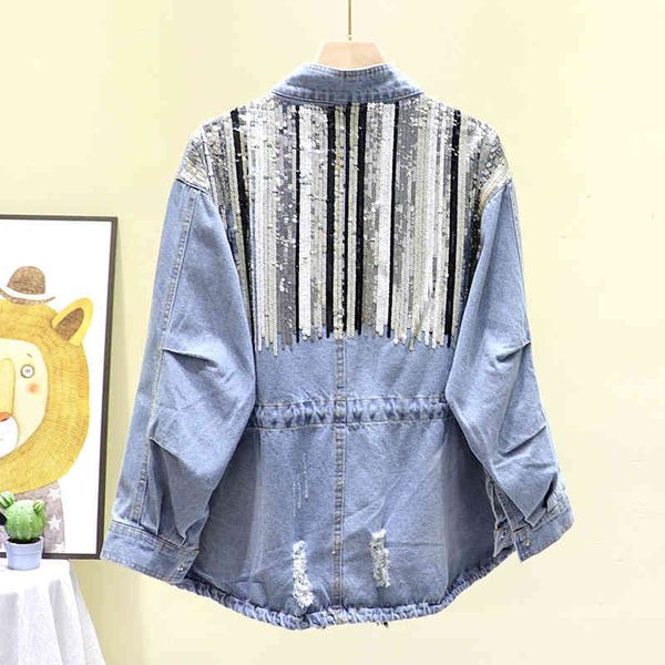 

patchwork sequin denim for women lapel long sleeve hit color hole casual jackets female spring fashion, Black;brown