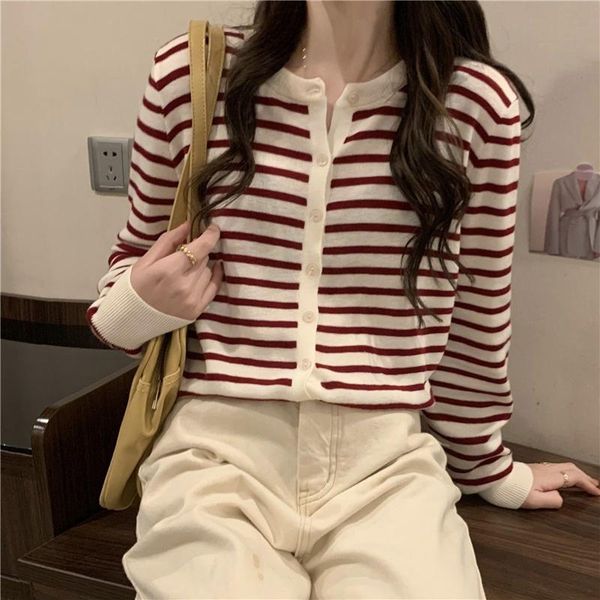 

women's knits & tees early autumn thin 2021 loose striped sweater gentle style korean cardigan spring and, White