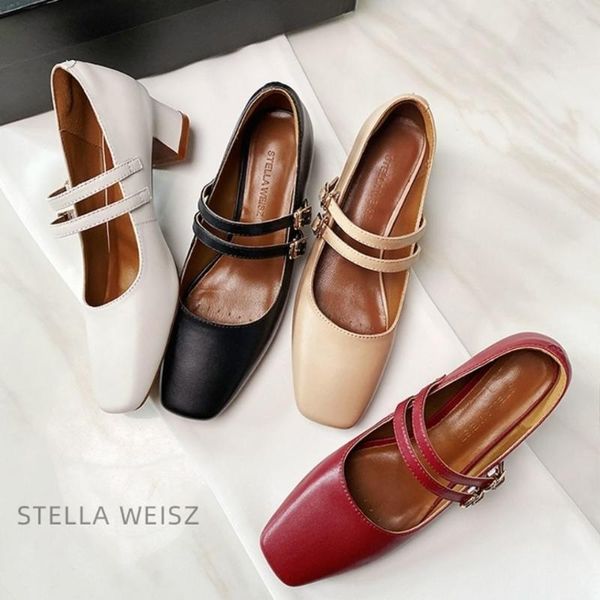 

dress shoes mary jane female retro spring 2021 mid-heel shallow mouth buckle french thick heel high heels, Black