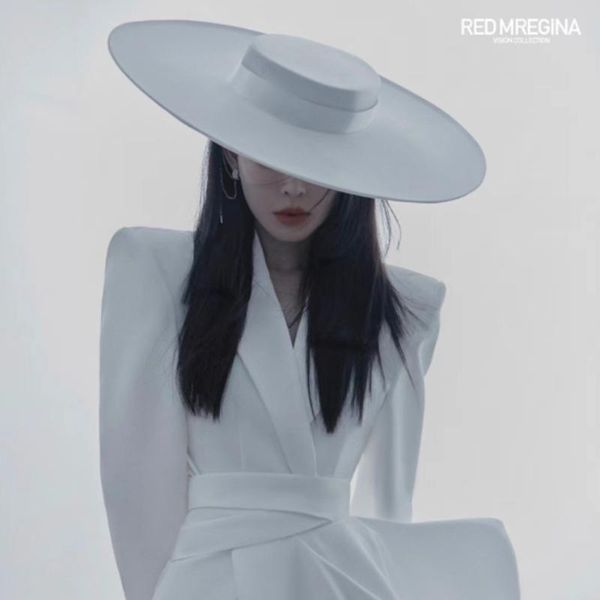 

stingy brim hats king wheat wide big wool flat formal customized white women fedora stage show felt cap winter bandage lady fashion hat, Blue;gray