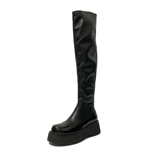 

boots 2021 women knee platform genuine leather female winter motorcycle outdoor round toe mujer tide chaussures, Black