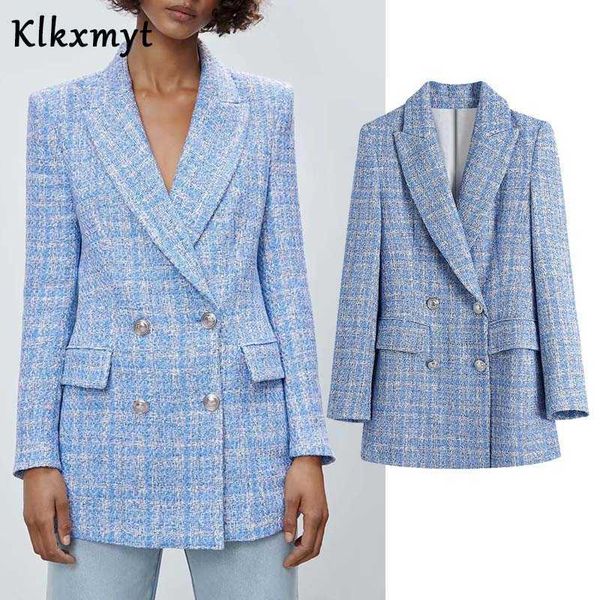 

klkxmyt za women fashion office wear double breasted plaid tweed blazer coat vintage long sleeve female outerwear chic 210527, White;black