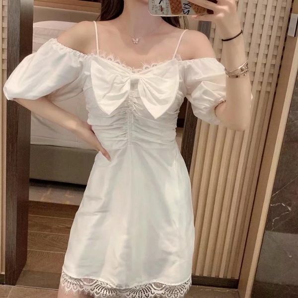 

casual dresses tight bow lace french suspenders women's summer satin dress 2021 short-sleeved irregular pleated xl, Black;gray