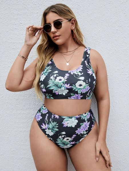 

plus floral high waisted bikini swimsuit u49c#, Black