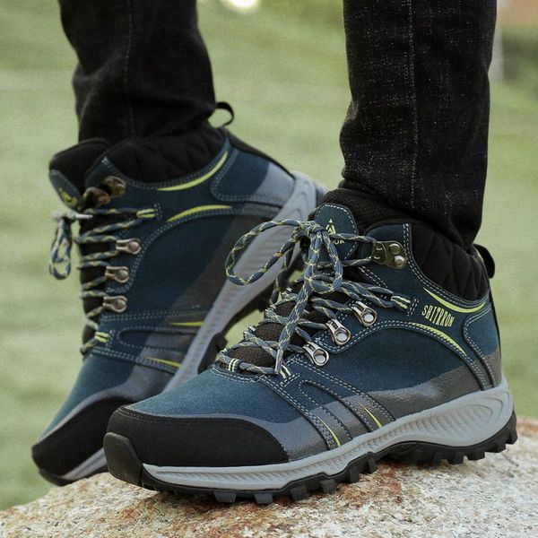 

boots winter warm men add plush snow anti-slip working ankle high shoes big size outdoor climbing sneakers, Black