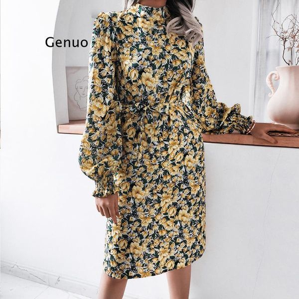 

casual dresses elegant women floral spring stand collar lantern long sleev print chiffon midi a-line dress for, Black;gray
