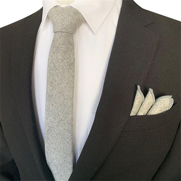 

bow ties men's retro wool tie plain necktie pocket square handkerchief set gift business neckwear hanky wedding 6cm skinny accessory, Black;gray