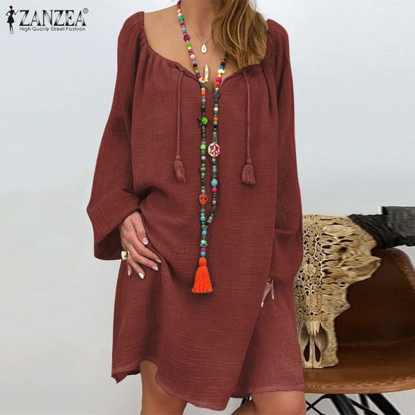 

dresses women's kaftan dress 2021 bohemian mini vestidos female elegant drawstring sundress casual long sleeve robe oversize 5xl, Black;gray