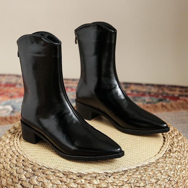 

boots women ridding british knight vintage square middle heel pointed toe black pu leather female western cowboy