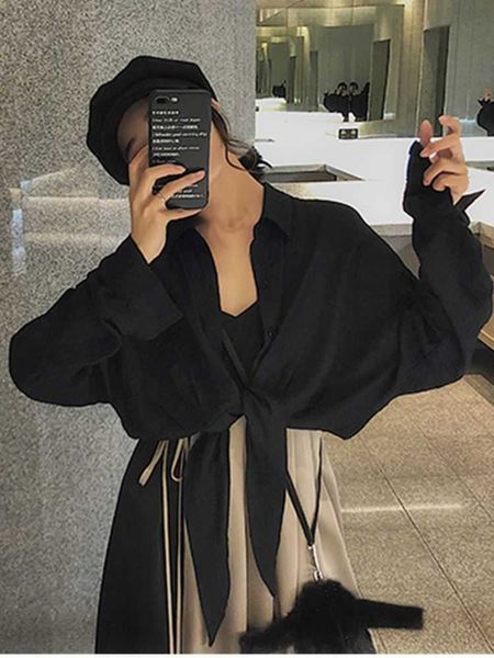 

two pieces retro dress outfits suits long sleeve slim black shirt stitching color sling skirt sets vintage 2pc s 210601, Black;gray