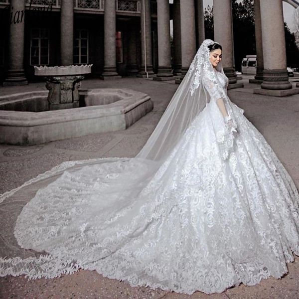 

2021 jewel long sleeve lace puffy wedding dresses | sequin bridal gown custom made, White