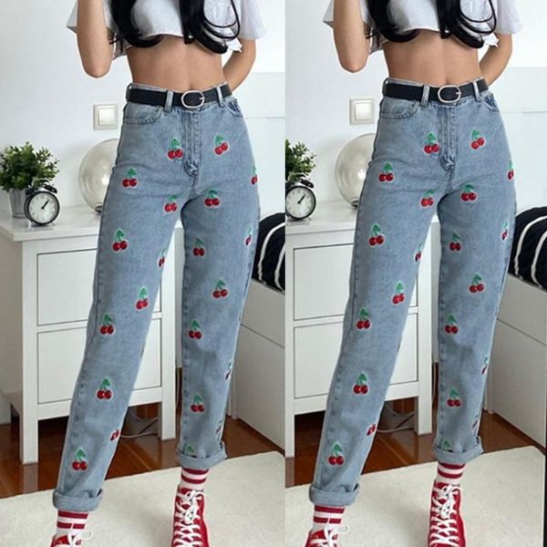 

women's pants & capris women high waisted pencil jeans cute cherry embroidered denim straight long harajuku slim trousers button zipper, Black;white