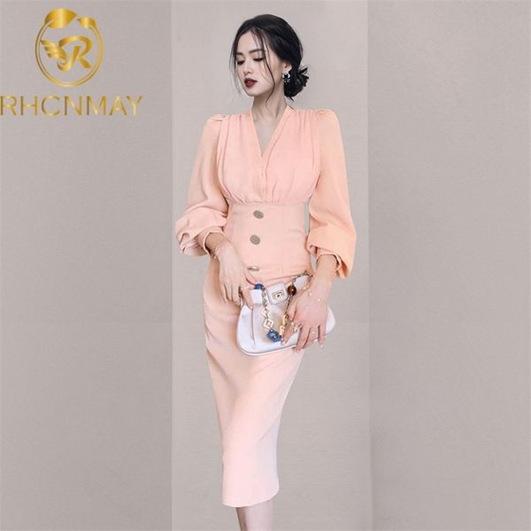 

women v-neck brand design elegant pink single breasted slim spring dress long sleeve luxury party midi clothes 210520, Black;gray