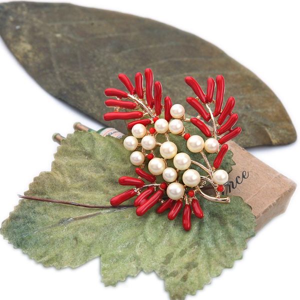 

pins, brooches red coral pin pearl brooch enamel created branched gold color ladies chic coat pins accessories, Gray