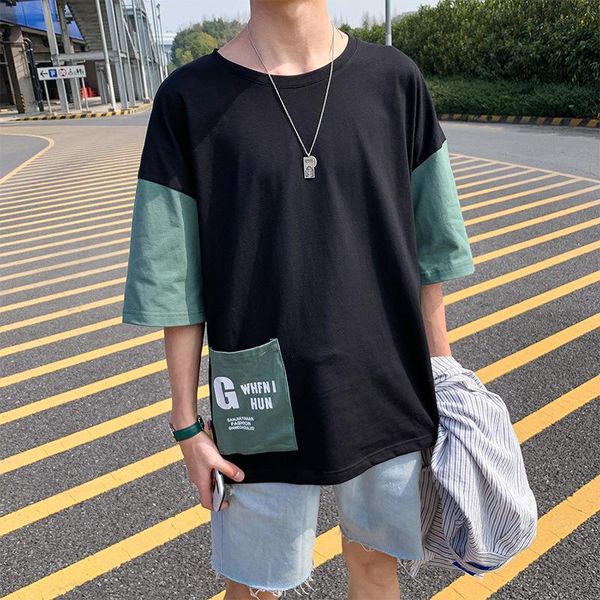 

men's t-shirts khaki green black patchwork pockets korean fashion loose summer men t shirts short sleeve o neck harajuku vintage clothi, White;black