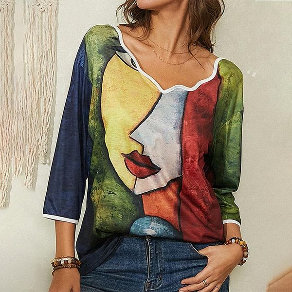 

women's t-shirt 2021 spring collar abstract drop shoulder long sleeve fashion asymmetrical redhead patchwork pullover loose, White
