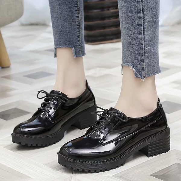 

Spring Patent Leather Short Ankle Boots for Women Black Lace Up Platform Shoes Women 2021 British Style Chunky Heel Shoes, Red