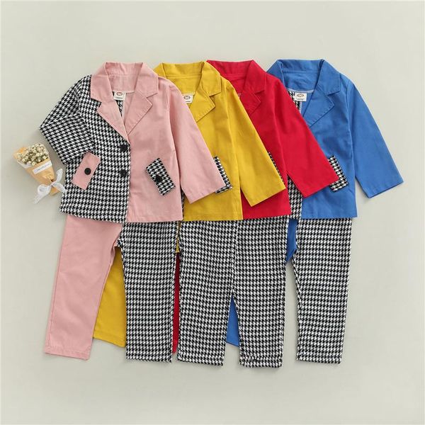 

clothing sets 2pcs children girls cotton clothes set, fashion variegated color houndstooth printed pattern suit jacket and trousers, 2-7 yea, White