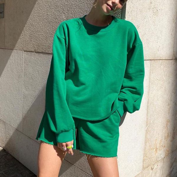 

women's tracksuits green long sleeve pullover shorts sets women loose o-neck elastic high waist casual two piece autumn sportwear, Gray