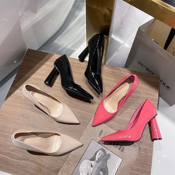 

dress shoes 9 cm 2021 candy colors female pumps patent leather pointed toe thick high heels office lady elegant rosy red nude color, Black