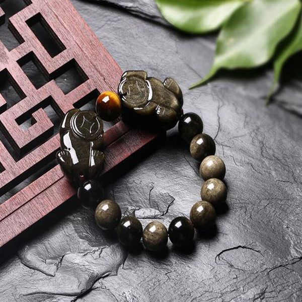 

bracelet natural gold and obsidian double for men women, Golden;silver