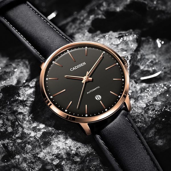 

men's sports fashion watch cadisen 50m waterproof mechanical wrist watches sapphire mirror automatic calendar clock wristwatche wristwa, Slivery;brown