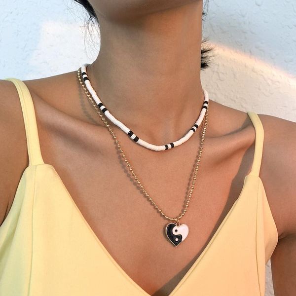 

chains wg fashionable bohemian simple double necklace alloy elegant love heart pendant jewelry for women, Silver