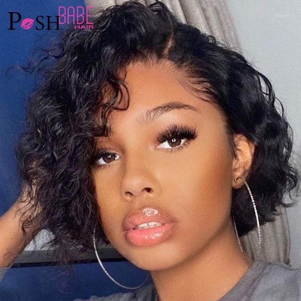 

13x1 human hair wigs short water wave bob laceÂ frontÂ wigÂ humanÂ hair natural black color remy brazilian for women1, Black;brown