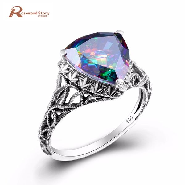 

fashion retro punk solid 925 silver cocktail ring rainbow mystic z crystal ring vintage hollow women evening party jewelry, Black