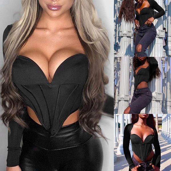 

women's fashion solid color corset long sleeve square neck pointed black t-shirt, White