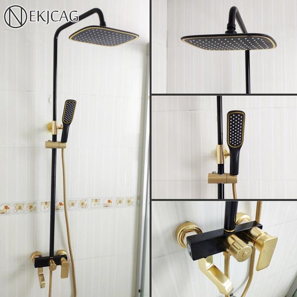 

brushed gold bathroom 8" square rain shower faucet set wall mounted space aluminum 3-ways swivel tub spout mixer taps sets
