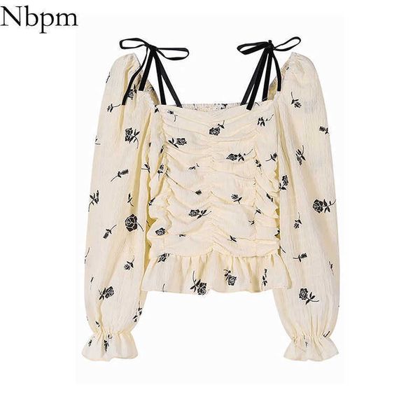 

nbpm women's clothing flower print blouses lacing female elegant long sleeve blusas mujer vintage chic feminine 210529, White