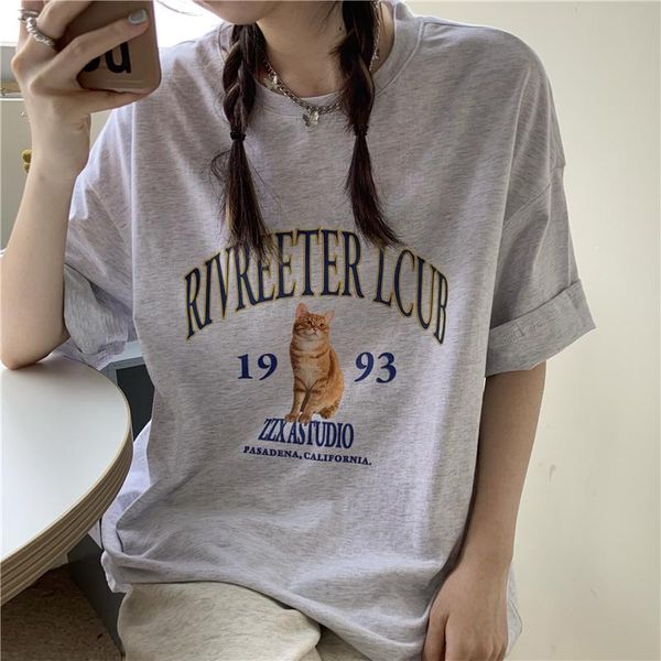 

women's t-shirt summer 2021 retro cat print loose and thin short-sleeved tide wild college style, White