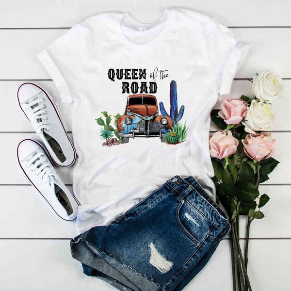 

women's t-shirt vintage capming car camera flower queen road letters print women t-shirt girls camisas mujer female summer fashion, White