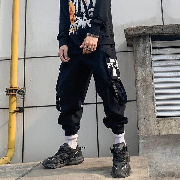 

hip hop ribbon design joggers pants mens harajuku sweatpants streetwear cotton track harem trousers hipster black hz006 men's