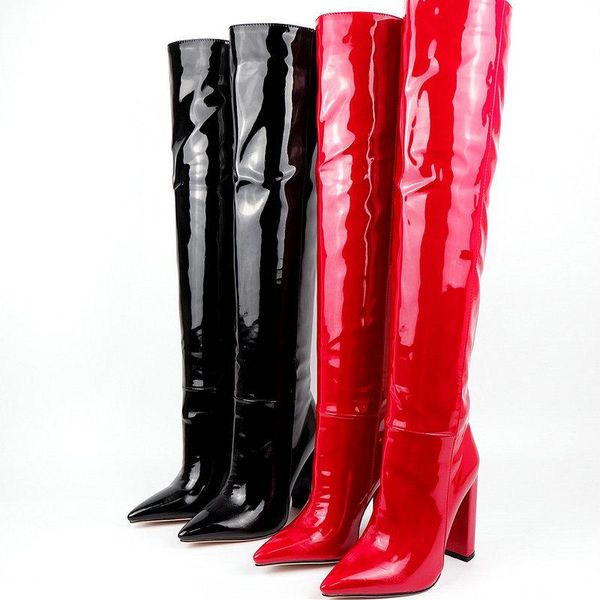 

boots fashion autumn winter ladies patent leather thigh slip on loose thick heel female pointed toe women's shoes, Black