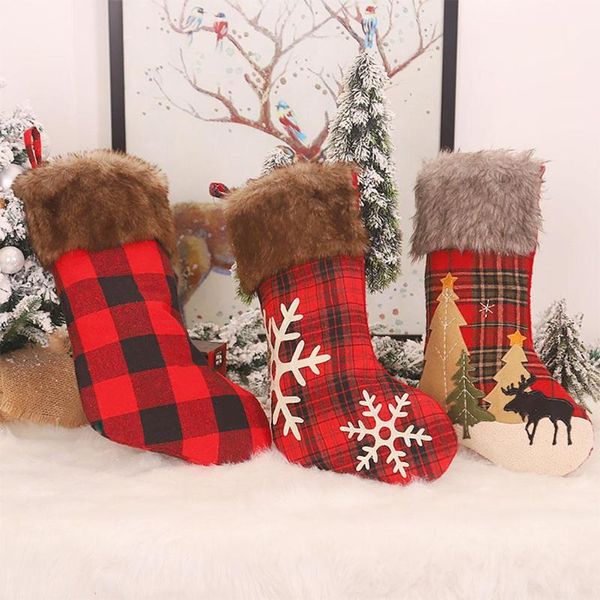 

christmas decorations machine embroidered plaid snowflake decorative socks pendant brown fringed red black