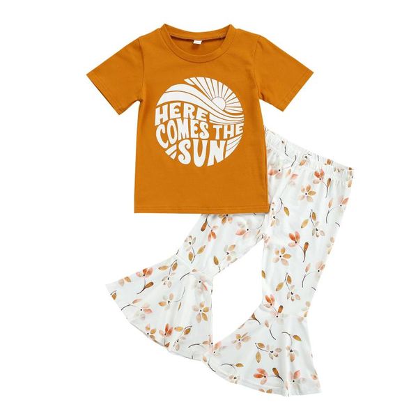

summer toddler kids baby girl short sleeve cotton t-shirt flared pant bell bottom 2pcs clothing set sets, White