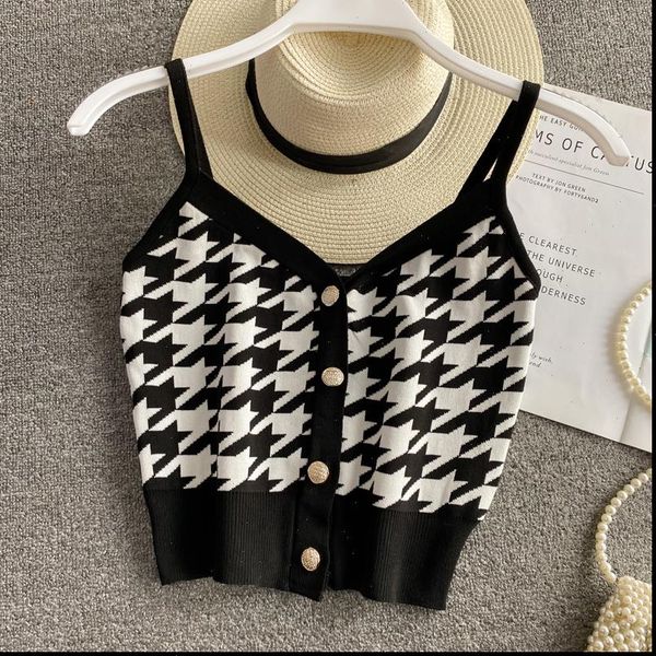 

fashion summer casual single womens camis breasted knit camisole outer sweater plaid v neck, White